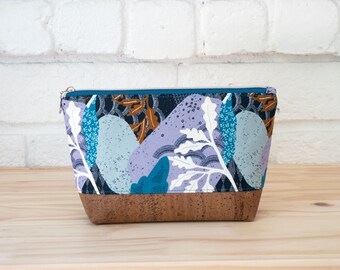 Botanical Zipper Pouch, Cork Bottom, Handmade Cosmetic Bag