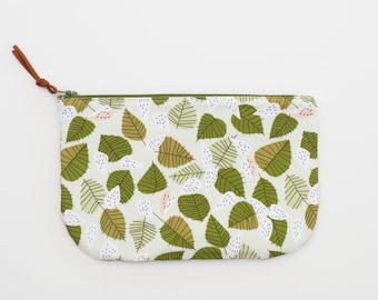 Green Leaves Cotton Curved Zipper Pouch, Toiletry Makeup Bag