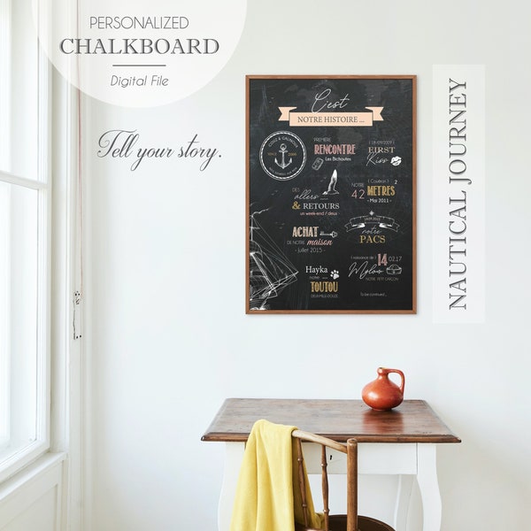 NAUTICAL JOURNEY - Chalkboard Histoire d'Amour - Affiche Mariage Souvenir - Cadeau Couple Personnalisé - Décoration Mariage Marin -