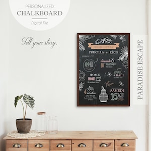 PARADISE ESCAPE - Chalkboard Histoire d'Amour - Affiche Mariage Souvenir - Cadeau Couple Personnalisé - Décoration Mariage Tropicale -