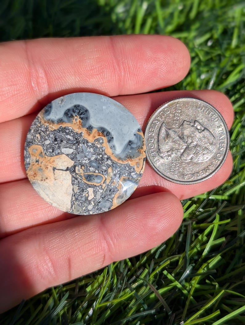 Puede incluir: Una piedra redonda y pulida con un patr&oacute;n &uacute;nico de colores grises, beige y blancos. La piedra se sostiene junto a una moneda de veinticinco centavos para comparar el tama&ntilde;o. La superficie de la piedra tiene un aspecto veteado.