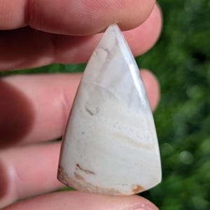 May include: A white and brown agate cabochon with a triangular shape. The stone has a smooth, polished surface and a natural, organic pattern.
