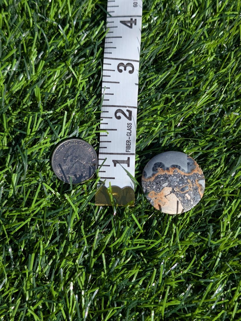 Puede incluir: Una moneda de veinticinco centavos y una piedra redonda estampada, de aproximadamente 2,5 cm de di&aacute;metro, se muestran sobre hierba verde. La piedra presenta una mezcla de colores grises, marrones y beige.