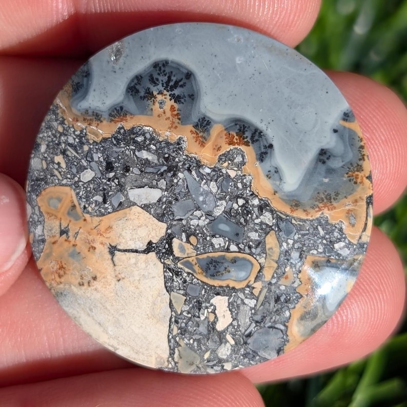 Puede incluir: Una piedra redonda y pulida con un patr&oacute;n &uacute;nico. La piedra presenta una mezcla de colores grises, beige y blancos, con un aspecto moteado y veteado. El dise&ntilde;o incluye &aacute;reas de gris y beige s&oacute;lido, con intrincados patrones en forma de &aacute;rbol.