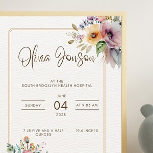 Birth Stats Sign with flower, New Baby Girl Gift, Birth Stats Print, Baby Birth Stat Printable, Birth Information card, Birth Details Sign