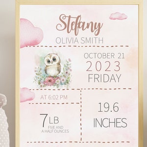Cadeaux de naissance personnalisés pour filles, signe de statistiques de naissance avec fleur, impression de statistiques de naissance, carte d&#39;information sur la naissance, signe de détails de naissance