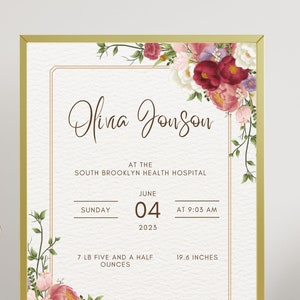New Baby Girl Gift, Birth Stats Print, Baby Birth Stat Printable, Birth Information card, Birth Stats Sign, Birth Details Sign