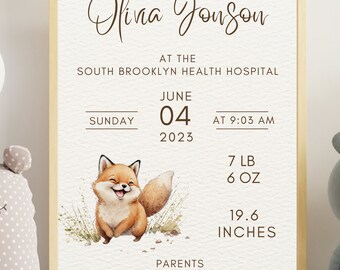 Letrero imprimible con datos de nacimiento / Decoración infantil con zorro del bosque / Anuncio de bebé / Plantilla de Canva / Regalo para mamá primeriza