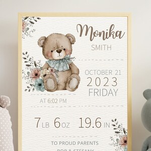 Signe d&#39;annonce de bébé, panneau d&#39;information, panneau de statistiques de nouveau-né modifiable, impression de statistiques de naissance, signe de détails de naissance, décor de pépinière de bébé