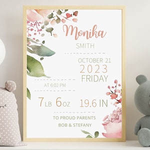 Cadeau d&#39;annonce de naissance pour bébé, stats de naissance de fleur, affiche bébé naissance Stat signe imprimable personnalisé pour l&#39;ART de mur de pépinière, décor de pépinière