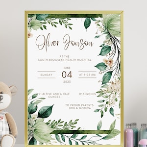 Birth Stats Sign with flower, New Baby Girl Gift, Birth Stats Print, Baby Birth Stat Printable, Birth Information card, Birth Details Sign