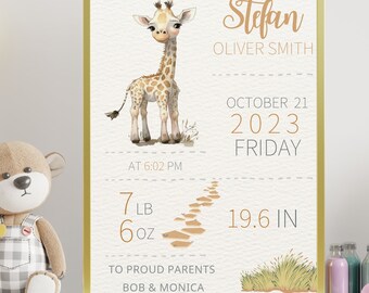Letrero imprimible con datos de nacimiento / Decoración infantil con jirafas de safari / Anuncio de bebé / Plantilla de Canva / Regalo para mamá primeriza