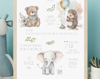 Letrero imprimible con datos de nacimiento / Decoración infantil con animales del bosque / Anuncio de bebé / Plantilla de Canva / Regalo para mamá primeriza