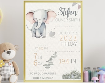 Letrero imprimible con datos de nacimiento / Decoración infantil con elefantes de safari / Anuncio de bebé / Plantilla de Canva / Regalo para mamá primeriza
