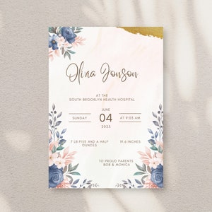 Cadeaux personnalisés pour bébé, signe de statistiques de naissance avec fleur, impression de statistiques de naissance, carte d&#39;information sur la naissance, signe de détails de naissance