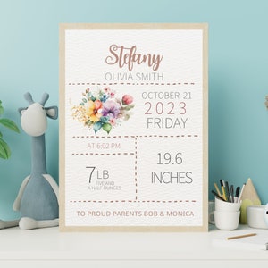 Personalized baby gifts, Birth Stats Sign with flower, Birth Stats Print, Birth Information card, Birth Details Sign