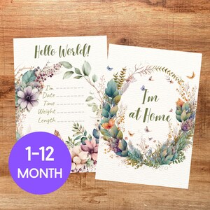 Cartes jalons botaniques pour bébés imprimables | Bonjour, je m'appelle signes | Jalons du mois et faire-part de naissance | Cadeaux pour nouveau-nés