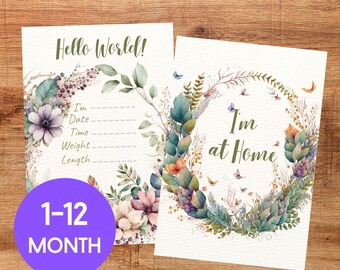 Tarjetas botánicas de hitos para bebés imprimibles / Hola, mi nombre es signos / Hitos mensuales y anuncios de nacimiento / Regalos para recién nacidos