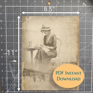 Peut inclure: Impression sépia, 21.6 x 27.9 cm, représentant une femme chapeautée lisant à une table. L'image a une esthétique vintage avec du texte superposé et un paysage urbain. Le texte sur l'image indique "PDF INSTANT DOWNLOAD".