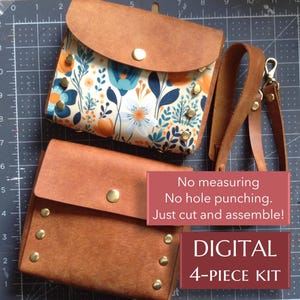 May include: Two leather bags with gold-tone metal rivets and snap closures. One bag features a floral pattern in blue, orange, and white, while the other is solid tan. Text reads: No measuring. No hole punching. Just cut and assemble! DIGITAL 4-PIECE KIT.