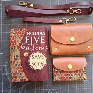 May include: A collection of leather goods in various shades of brown and burgundy, including a wallet, two small purses, and two straps with gold-colored hardware. One wallet features a cork pattern and the text "INCLUDES FIVE Patterns SAVE 30%."