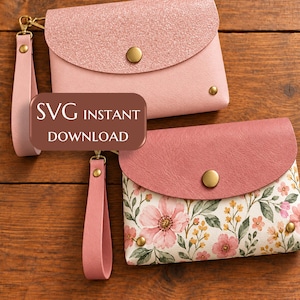May include: Two wristlet pouches with wrist straps and gold-tone snap closures. One pouch is solid light pink with a glittery flap. The other features a floral print with pink flowers and green leaves on a white base. Text reads SVG INSTANT DOWNLOAD.