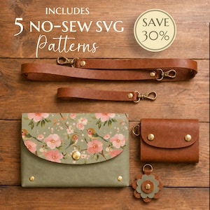 No Sew Leather Bag SVG Bundle: Armbandsväska med axelrem, plånbok, blomberlock och remmar