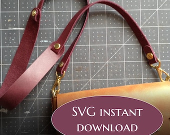 May include: A tan leather bag with a maroon leather strap attached by gold-colored metal hardware. The strap features gold rivets and swivel clips. A maroon oval graphic overlay in the center displays the white text SVG INSTANT DOWNLOAD.