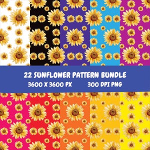 May include: A collection of 22 sunflower pattern designs in various colors, including white, black, purple, blue, pink, red, orange, and yellow. Each pattern features watercolor sunflowers. The image includes the text "22 SUNFLOWER PATTERN BUNDLE 3600 X 3600 PX 300 DPI PNG."