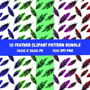 May include: A digital art bundle featuring ten feather clipart patterns. The patterns showcase feathers in various colors, including blue, green, purple, and red, set against a white background. The image includes the text "10 Feather Clipart Pattern Bundle".