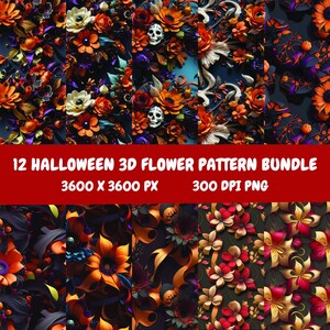 May include: A collection of 12 Halloween-themed 3D flower patterns. The patterns feature vibrant orange, red, and purple flowers with skull accents against a dark background. The image includes the text "12 Halloween 3D Flower Pattern Bundle" and resolution details.