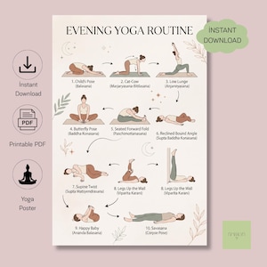 Op de afbeelding: Een beige poster met de titel EVENING YOGA ROUTINE met tien geïllustreerde yogahoudingen met labels in het Engels en Sanskriet. De reeks omvat Child's Pose, Cat-Cow, Low Lunge, Butterfly Pose, Seated Forward Fold, Reclined Bound Angle, Supine Twist, Legs Up the Wall, Happy Baby en Savasana.