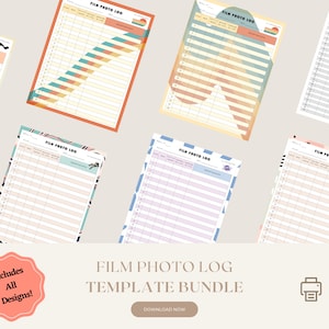 May include: A bundle of seven printable film photo log templates. Each template features a different colorful design with a minimalist aesthetic. The designs include a rainbow, abstract shapes, and floral patterns.
