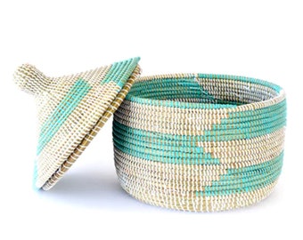 Sea Green Geometric and White Storage Handwoven Basket with Lid 13 by 15 inches