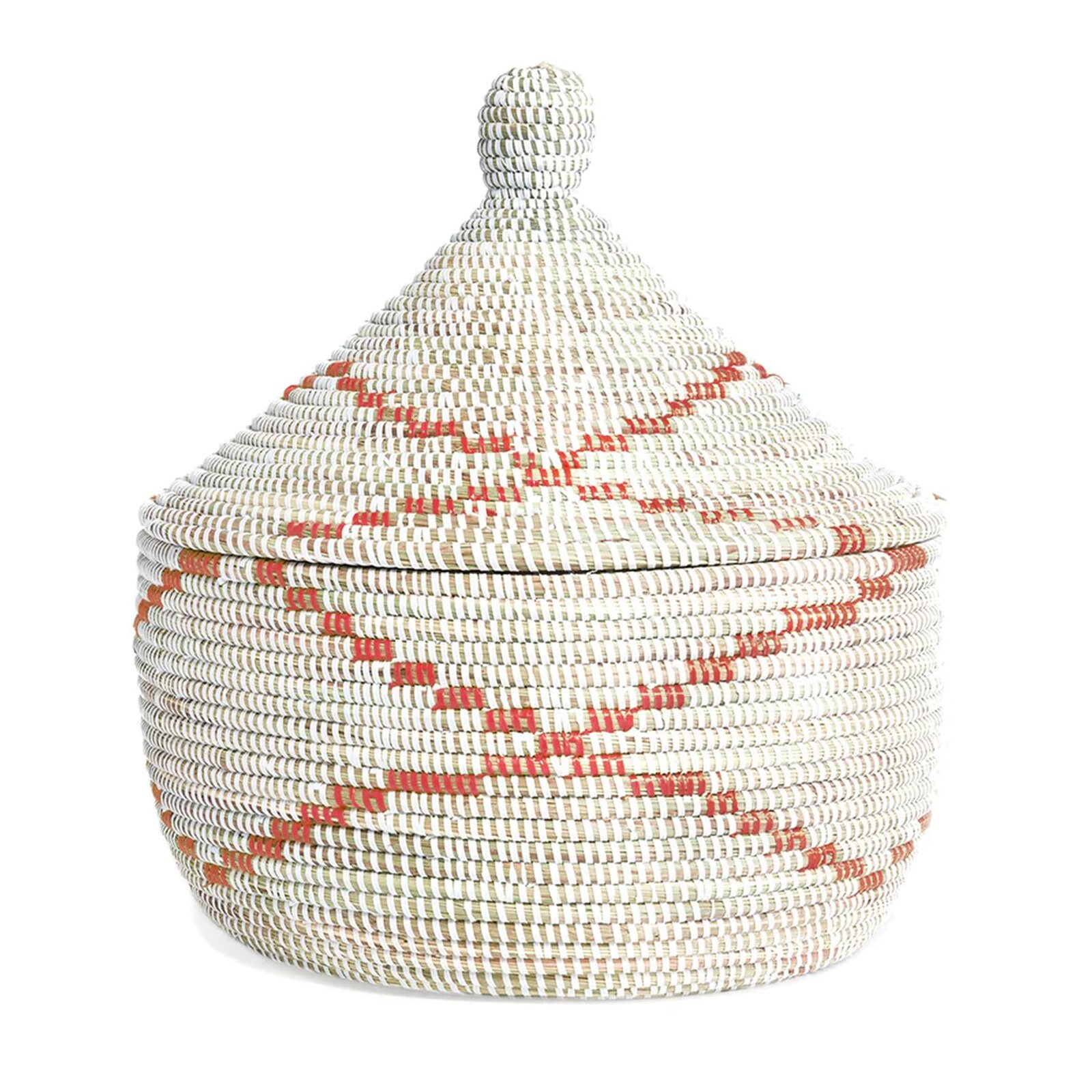 Red and White Storage Handwoven Basket with Lid 13 by 15 inches