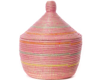 Pink Orange and Gray Storage Handwoven Basket with Lid 13 by 15 inches