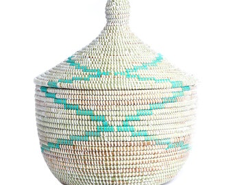 Seaside Blue Green and White Storage Handwoven Basket with Lid 13 by 15 inches