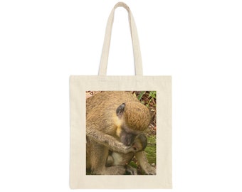 Tender Love: Adorable Mother And Baby Monkey Print Cotton Canvas Bag - 15" x 16", Monkey Lover Gift, Nature Lover Gift