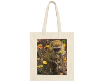 Adorable Mother And Baby Monkey Print Cotton Canvas Bag - 15" x 16", Monkey Lover Gift, Nature Lover Gift