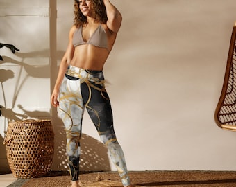 Black and White Marble Yoga Leggings, High Waist Activewear