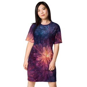 Abito T-shirt Boho Fireworks da donna, abito T-shirt oversize comodo, abbigliamento da giorno e da notte in poliestere, taglie dalla 2XS alla 6XL