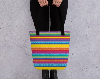 Bolso tote de poliéster con rayas arcoíris, diseño estético artístico.