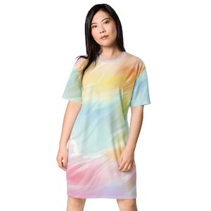Rainbow T-Shirt Dress For Women,All Over Print, Oversized Comfort Tee, Polyester, Daytime Dress, Night Shirt, 2XS-6XL