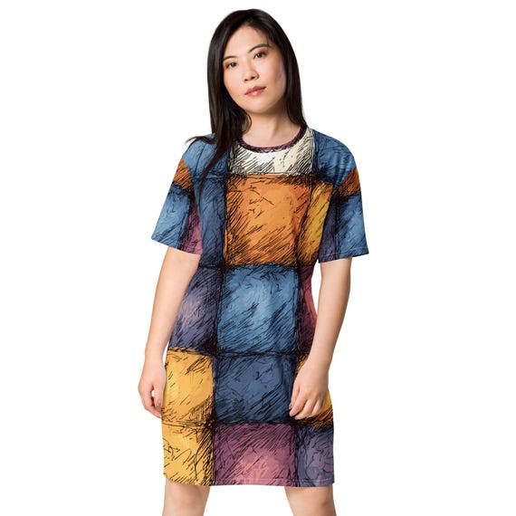 checkerboard t shirt dress Black and White Checkered T-shirt Dress, Streetwear Aesthetic Tee shirt Dress, All over print Loungewear Dress, Loose Fit Urban Clothing