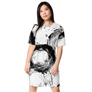 Abito T-shirt Ink Circles da donna, abito T-shirt oversize comodo, abbigliamento da giorno e da notte in poliestere, taglie dalla 2XS alla 6XL