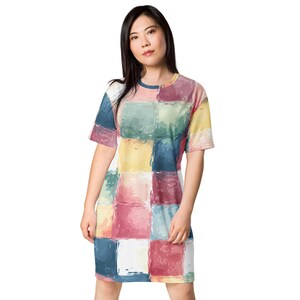 Abito T-shirt a scacchi stravagante per donna, abito T-shirt oversize comodo, abbigliamento da giorno e da notte in poliestere, taglie dalla 2XS alla 6XL, 1