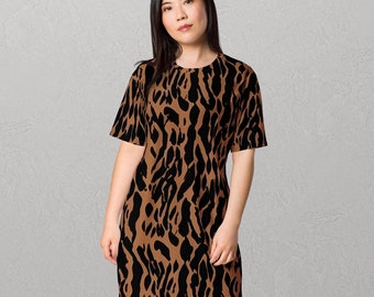May include: A brown and black leopard print short-sleeved dress.