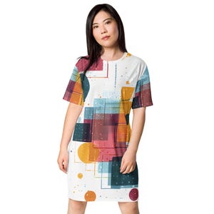 Abito t-shirt moderno con motivo geometrico da donna, abito t-shirt oversize comodo, abbigliamento da giorno e da notte in poliestere, taglie dalla 2XS alla 6XL