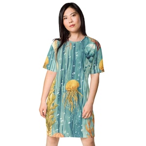 Abito a T-shirt a righe con creature sottomarine da donna, abito oversize comodo, camicia da giorno e da notte in poliestere, taglie dalla 2XS alla 6XL