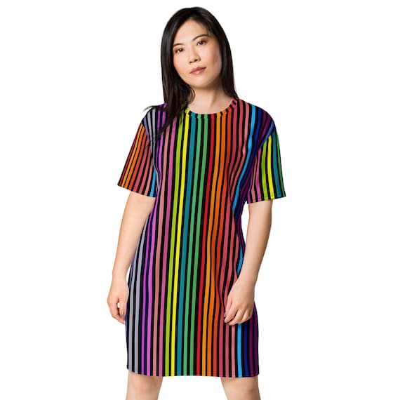 rainbow striped t shirt dress Rainbow Stripe T-Shirt Dress: Oversized Polyester Comfort Tee